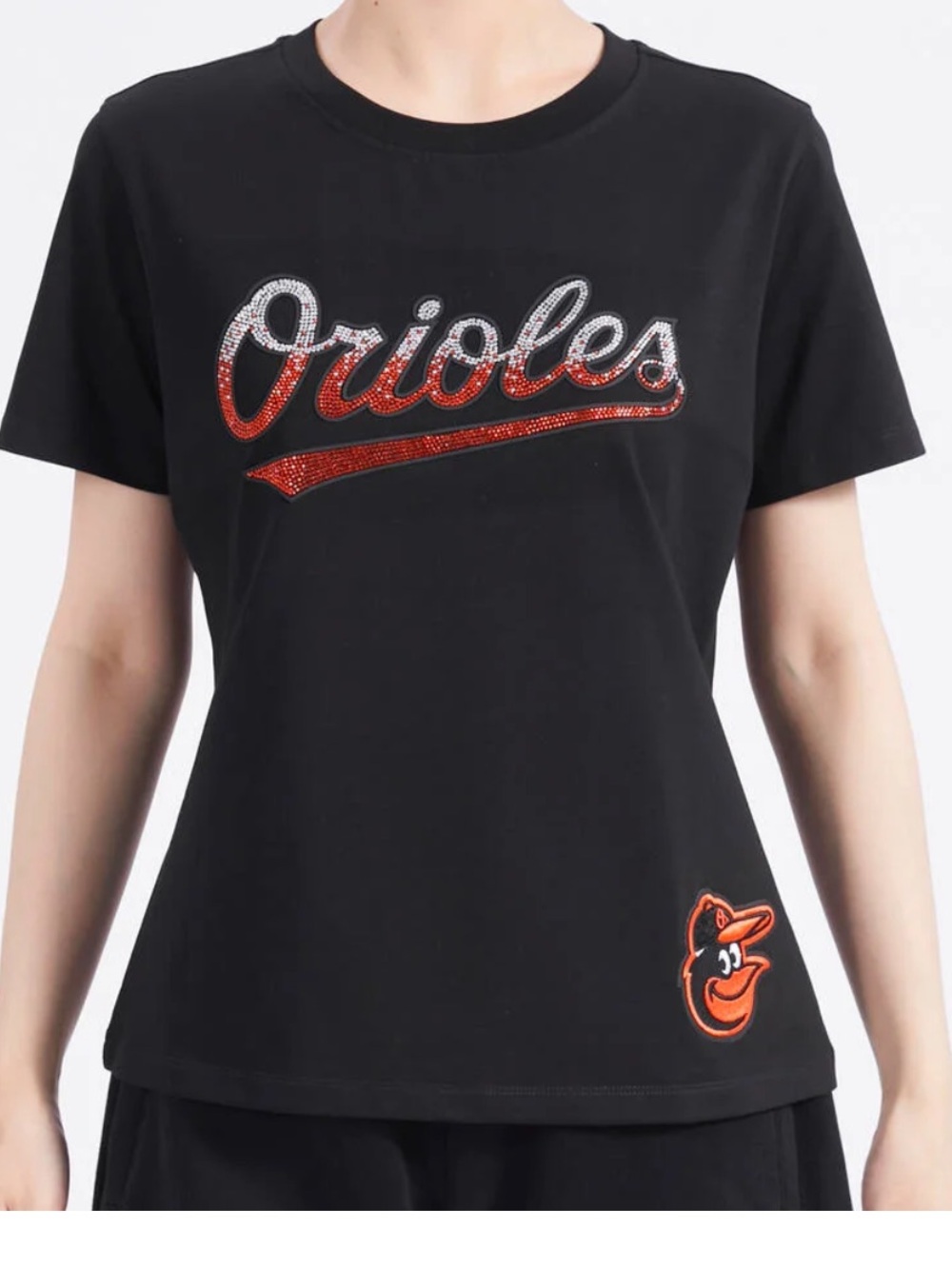 Baltimore Orioles Black womens T-Shirt with rhinestones